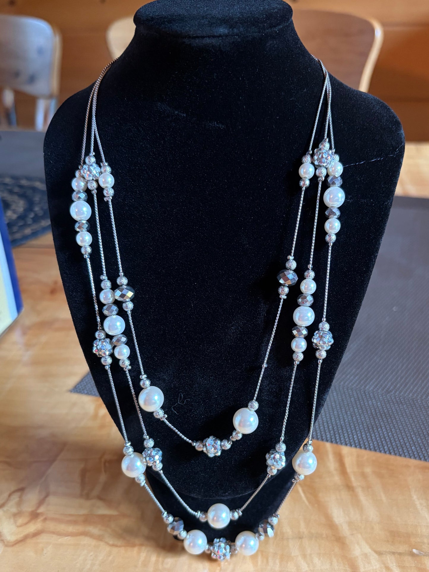 Talbots Silver Tone Multi Strand Faux Pearl & Crystal Necklace