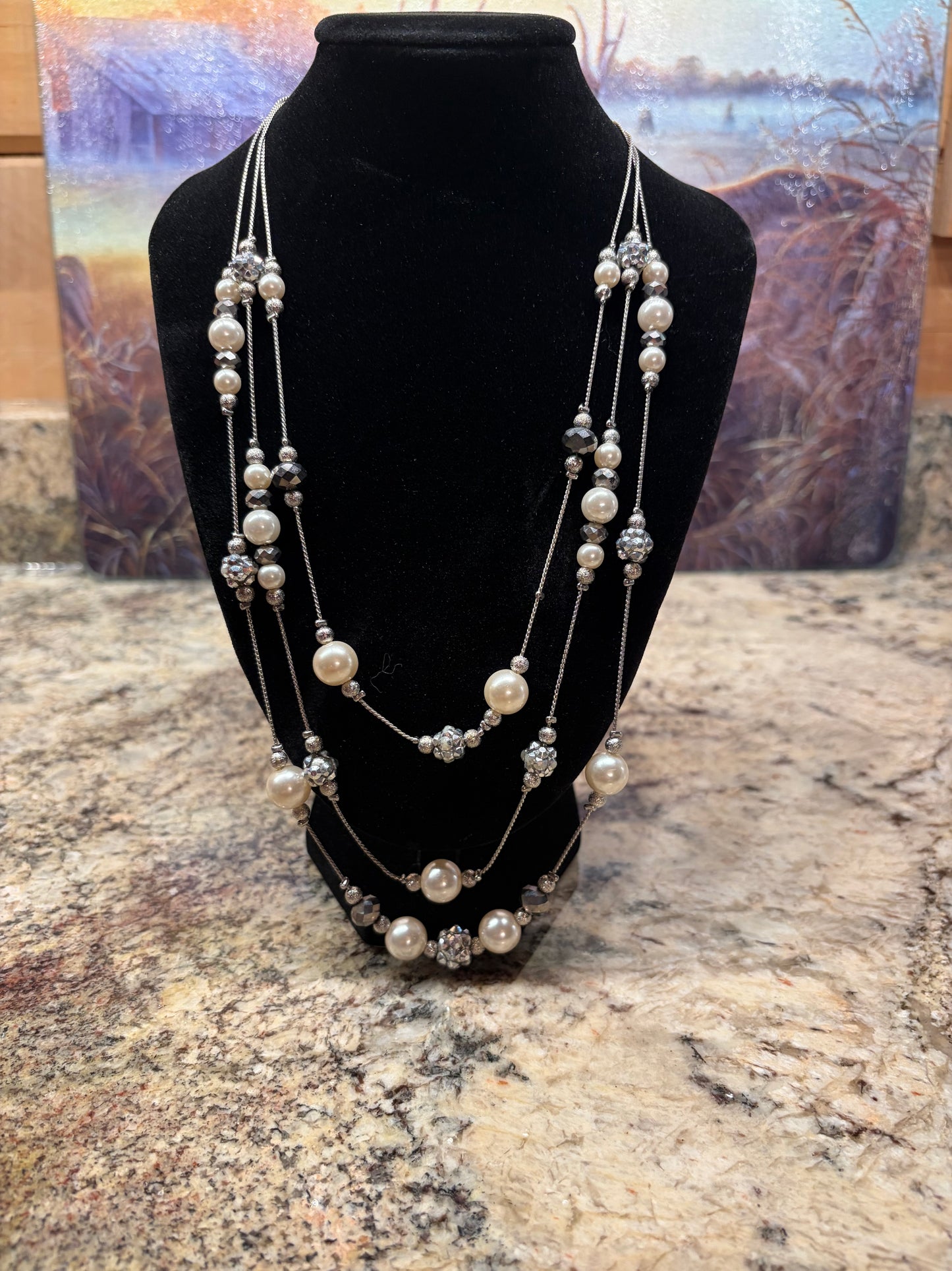 Talbots Silver Tone Multi Strand Faux Pearl & Crystal Necklace