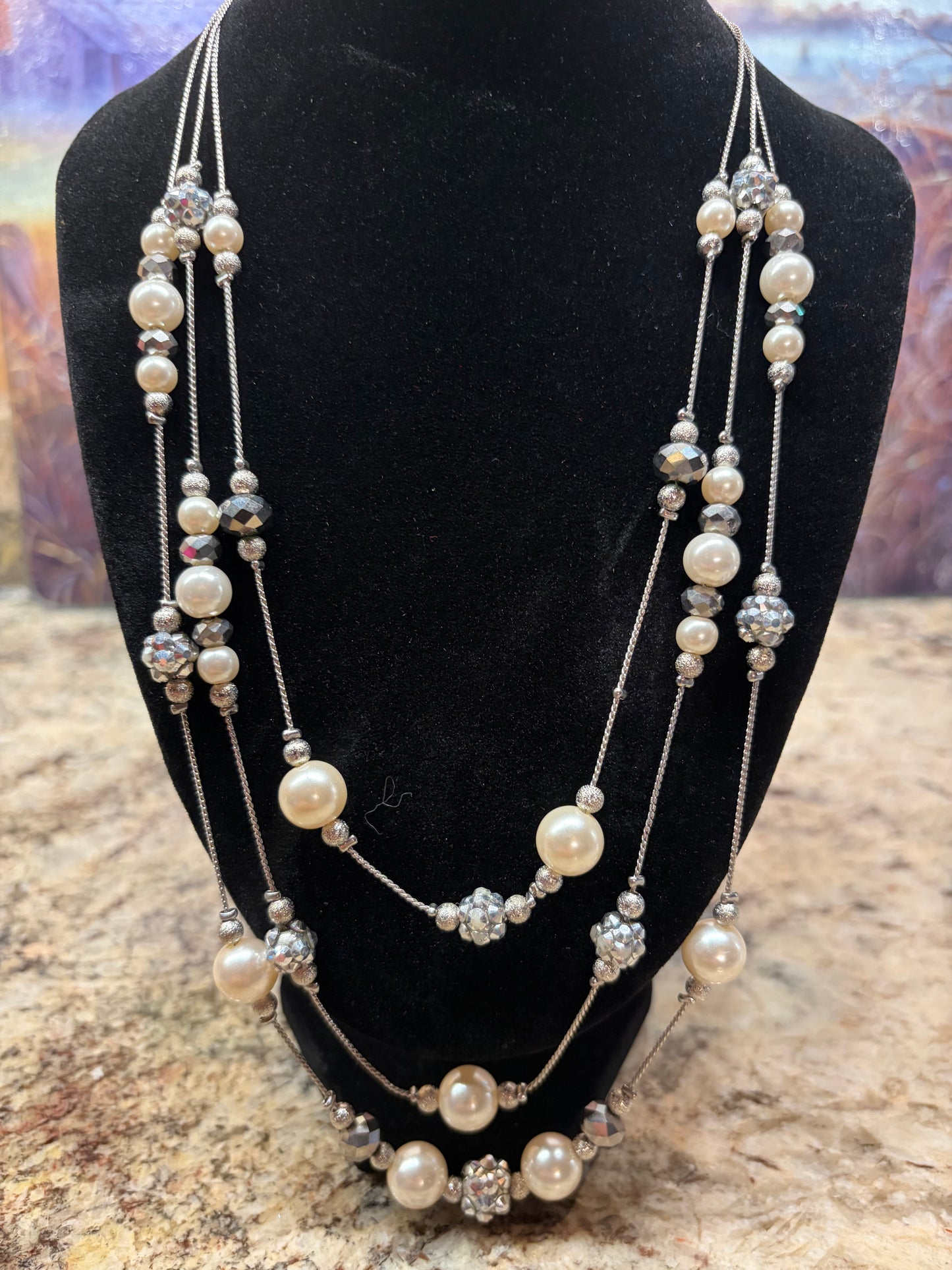 Talbots Silver Tone Multi Strand Faux Pearl & Crystal Necklace
