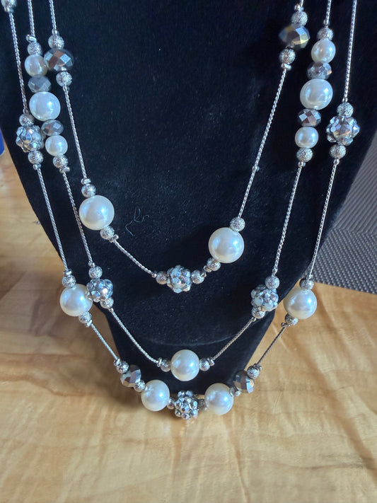 Talbots Silver Tone Multi Strand Faux Pearl & Crystal Necklace