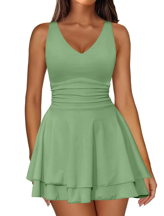 IWD Women sleeveless V-Neck Bodycon Mini Dress -Ruffle Hem, Side Slit, Size Large