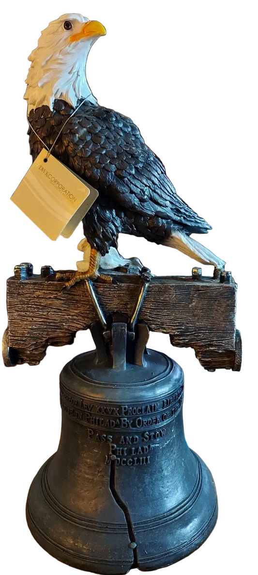 Freedom Ring Statue - Bald eagle perched on Liberty Bell resin figurine