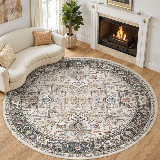 8 FT Round Washable Area Rug Non-Slip Vintage Medallion Design